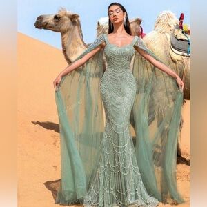 Beaded Sequin Evening Gown With Pearl Accent Cape Sleeves mermaid silhouette S